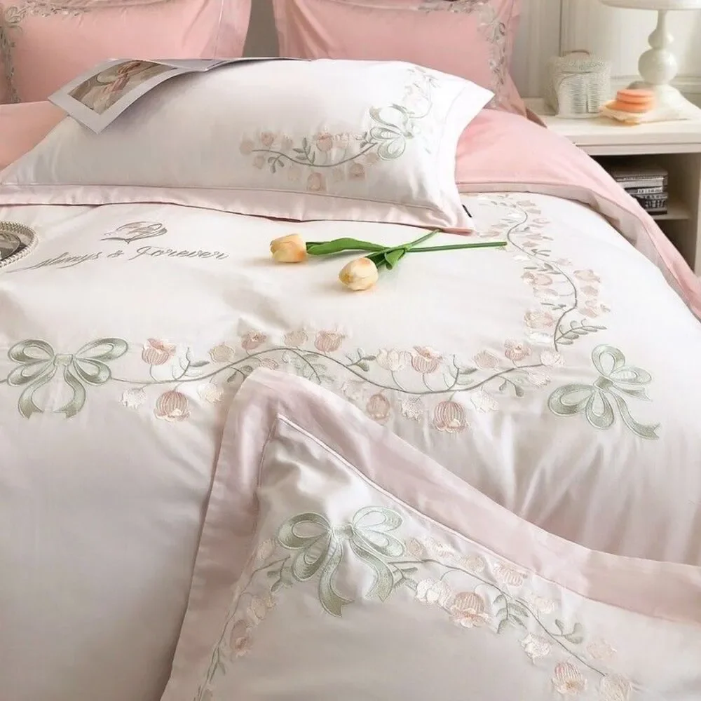 Queen Cotton Duvet Cover Set 3Pcs Embroidery Comforter Cover 2 Pillowcases Pink